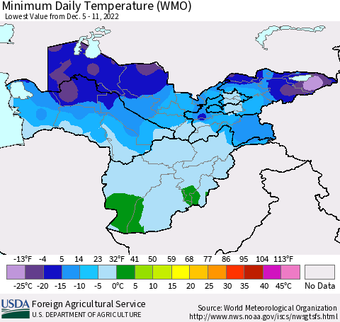 Central Asia Minimum Daily Temperature (WMO) Thematic Map For 12/5/2022 - 12/11/2022