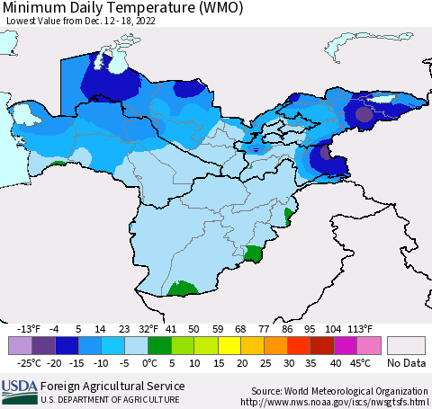 Central Asia Minimum Daily Temperature (WMO) Thematic Map For 12/12/2022 - 12/18/2022