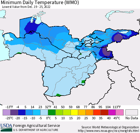 Central Asia Minimum Daily Temperature (WMO) Thematic Map For 12/19/2022 - 12/25/2022