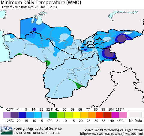 Central Asia Minimum Daily Temperature (WMO) Thematic Map For 12/26/2022 - 1/1/2023