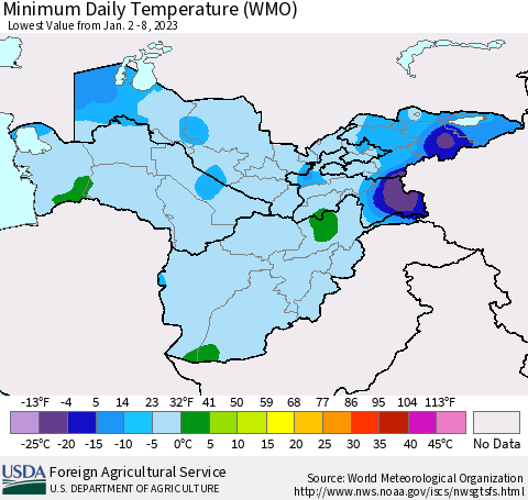 Central Asia Minimum Daily Temperature (WMO) Thematic Map For 1/2/2023 - 1/8/2023