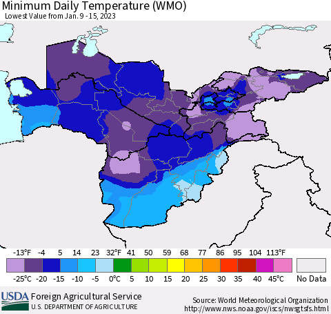 Central Asia Minimum Daily Temperature (WMO) Thematic Map For 1/9/2023 - 1/15/2023