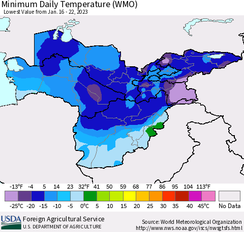 Central Asia Minimum Daily Temperature (WMO) Thematic Map For 1/16/2023 - 1/22/2023