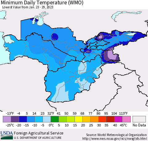 Central Asia Minimum Daily Temperature (WMO) Thematic Map For 1/23/2023 - 1/29/2023