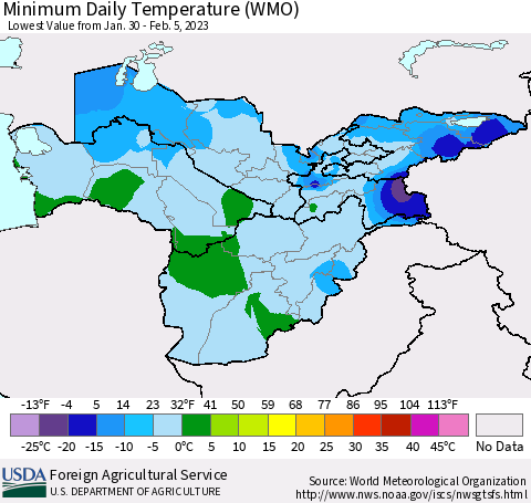 Central Asia Minimum Daily Temperature (WMO) Thematic Map For 1/30/2023 - 2/5/2023