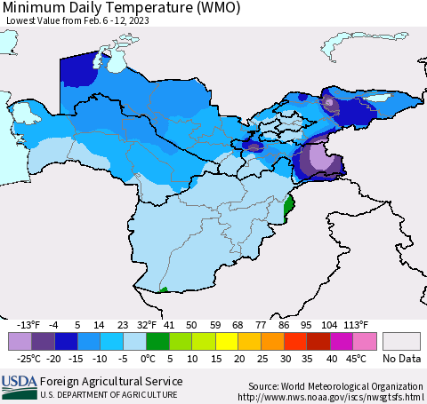 Central Asia Minimum Daily Temperature (WMO) Thematic Map For 2/6/2023 - 2/12/2023