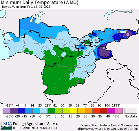 Central Asia Minimum Daily Temperature (WMO) Thematic Map For 2/13/2023 - 2/19/2023