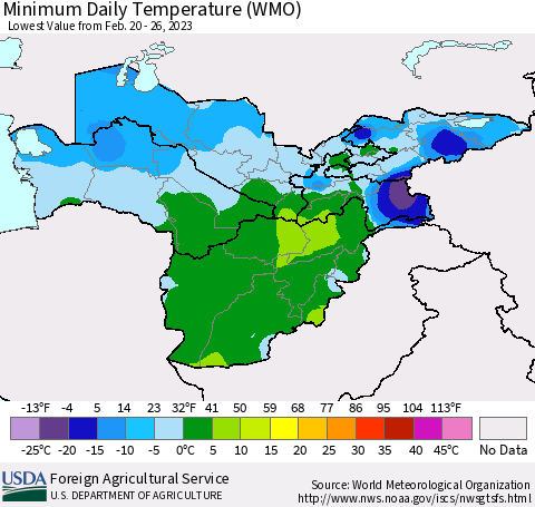 Central Asia Minimum Daily Temperature (WMO) Thematic Map For 2/20/2023 - 2/26/2023