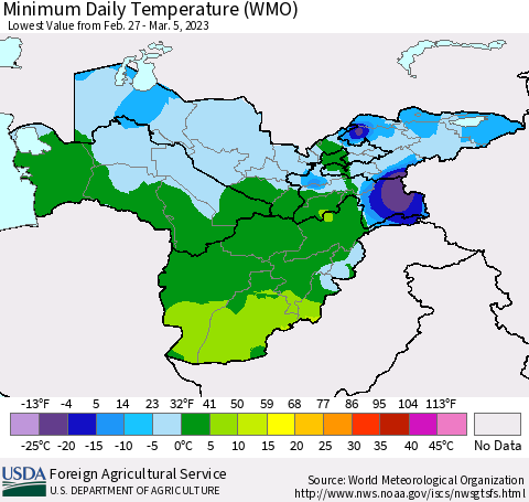 Central Asia Minimum Daily Temperature (WMO) Thematic Map For 2/27/2023 - 3/5/2023