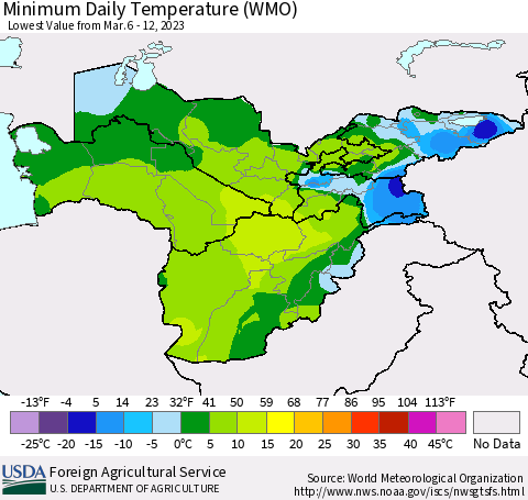 Central Asia Minimum Daily Temperature (WMO) Thematic Map For 3/6/2023 - 3/12/2023