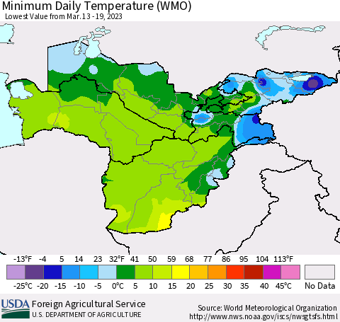 Central Asia Minimum Daily Temperature (WMO) Thematic Map For 3/13/2023 - 3/19/2023