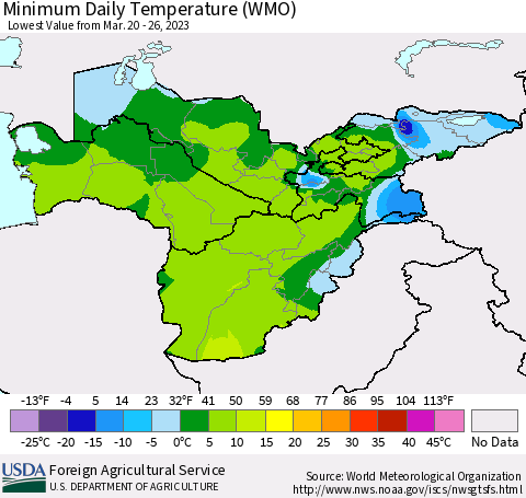 Central Asia Minimum Daily Temperature (WMO) Thematic Map For 3/20/2023 - 3/26/2023