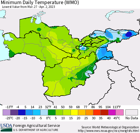 Central Asia Minimum Daily Temperature (WMO) Thematic Map For 3/27/2023 - 4/2/2023
