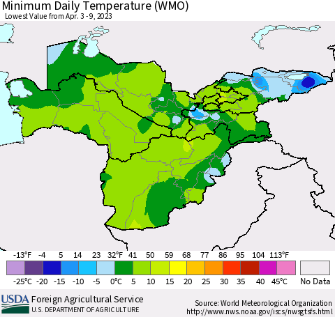 Central Asia Minimum Daily Temperature (WMO) Thematic Map For 4/3/2023 - 4/9/2023