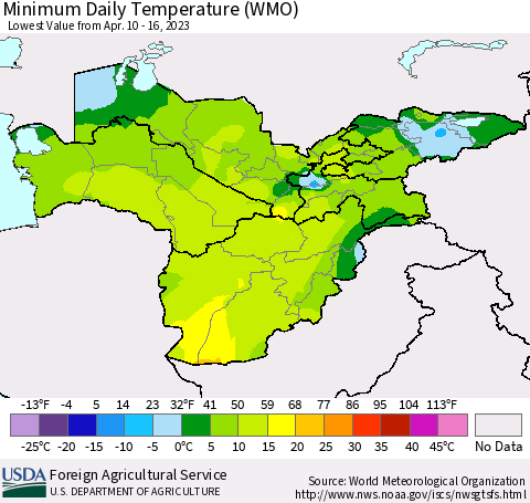 Central Asia Minimum Daily Temperature (WMO) Thematic Map For 4/10/2023 - 4/16/2023