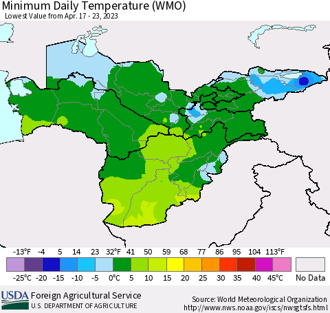 Central Asia Minimum Daily Temperature (WMO) Thematic Map For 4/17/2023 - 4/23/2023