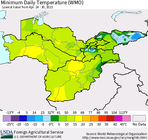 Central Asia Minimum Daily Temperature (WMO) Thematic Map For 4/24/2023 - 4/30/2023