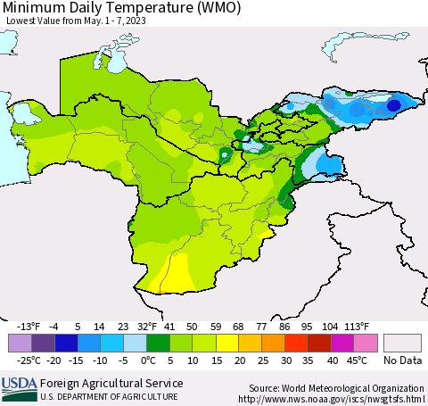 Central Asia Minimum Daily Temperature (WMO) Thematic Map For 5/1/2023 - 5/7/2023