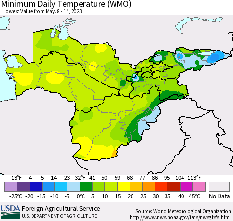 Central Asia Minimum Daily Temperature (WMO) Thematic Map For 5/8/2023 - 5/14/2023
