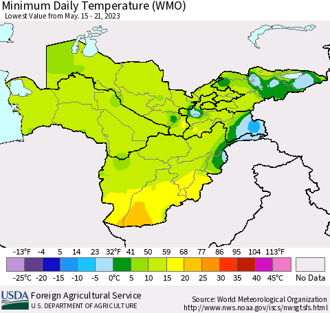 Central Asia Minimum Daily Temperature (WMO) Thematic Map For 5/15/2023 - 5/21/2023