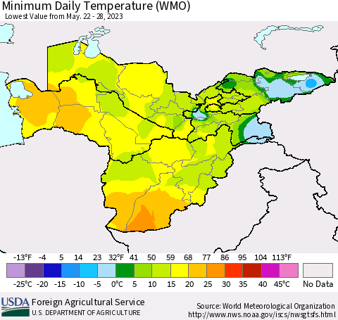Central Asia Minimum Daily Temperature (WMO) Thematic Map For 5/22/2023 - 5/28/2023