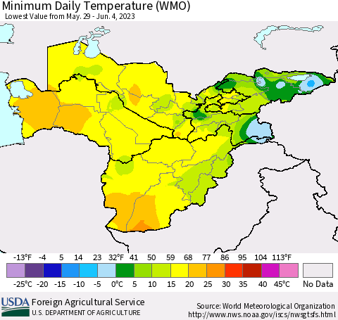 Central Asia Minimum Daily Temperature (WMO) Thematic Map For 5/29/2023 - 6/4/2023