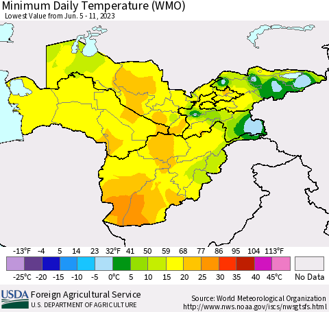 Central Asia Minimum Daily Temperature (WMO) Thematic Map For 6/5/2023 - 6/11/2023