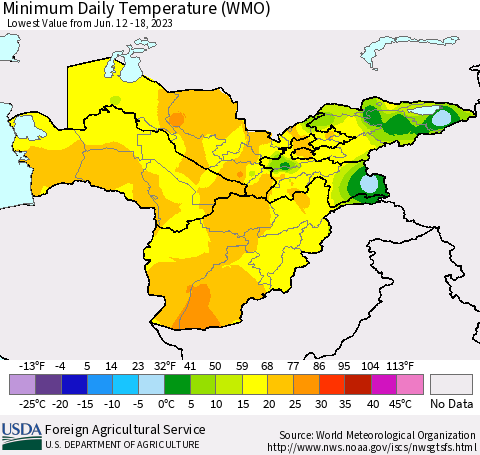 Central Asia Minimum Daily Temperature (WMO) Thematic Map For 6/12/2023 - 6/18/2023