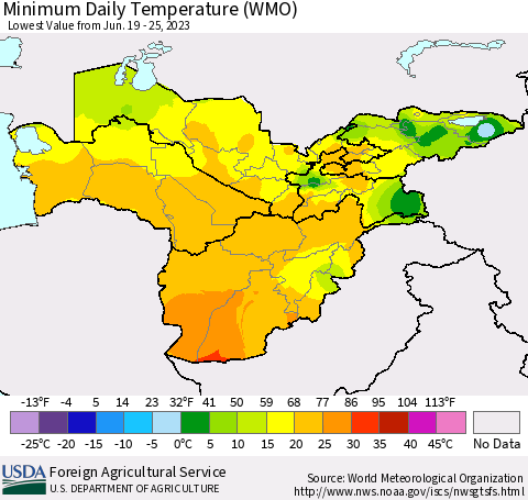 Central Asia Minimum Daily Temperature (WMO) Thematic Map For 6/19/2023 - 6/25/2023