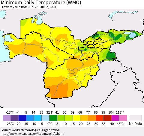 Central Asia Minimum Daily Temperature (WMO) Thematic Map For 6/26/2023 - 7/2/2023