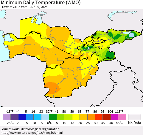 Central Asia Minimum Daily Temperature (WMO) Thematic Map For 7/3/2023 - 7/9/2023