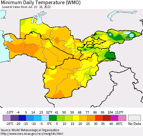 Central Asia Minimum Daily Temperature (WMO) Thematic Map For 7/10/2023 - 7/16/2023
