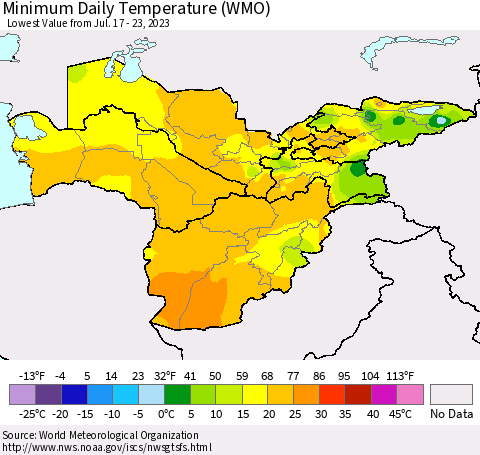 Central Asia Minimum Daily Temperature (WMO) Thematic Map For 7/17/2023 - 7/23/2023