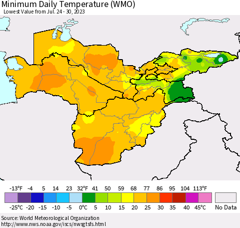 Central Asia Minimum Daily Temperature (WMO) Thematic Map For 7/24/2023 - 7/30/2023