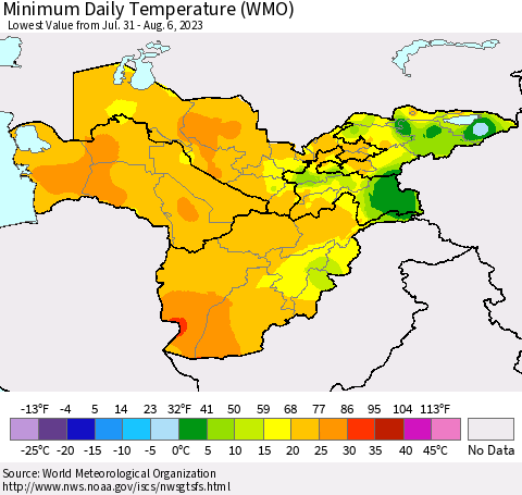 Central Asia Minimum Daily Temperature (WMO) Thematic Map For 7/31/2023 - 8/6/2023