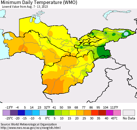 Central Asia Minimum Daily Temperature (WMO) Thematic Map For 8/7/2023 - 8/13/2023