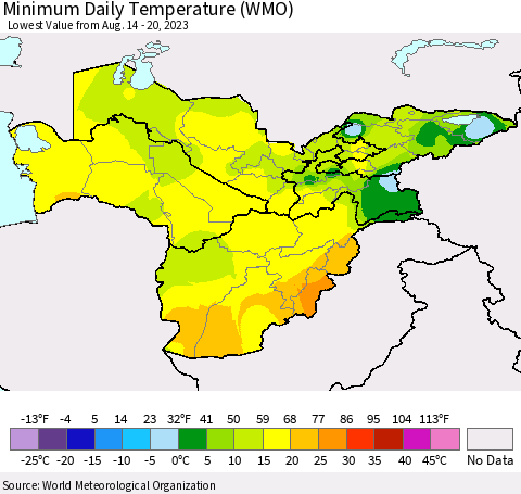 Central Asia Minimum Daily Temperature (WMO) Thematic Map For 8/14/2023 - 8/20/2023
