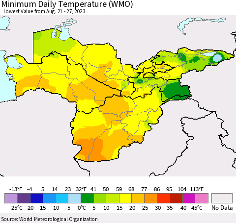 Central Asia Minimum Daily Temperature (WMO) Thematic Map For 8/21/2023 - 8/27/2023