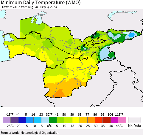 Central Asia Minimum Daily Temperature (WMO) Thematic Map For 8/28/2023 - 9/3/2023