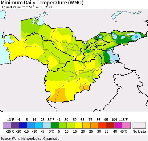 Central Asia Minimum Daily Temperature (WMO) Thematic Map For 9/4/2023 - 9/10/2023