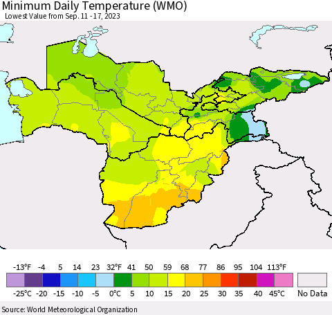Central Asia Minimum Daily Temperature (WMO) Thematic Map For 9/11/2023 - 9/17/2023