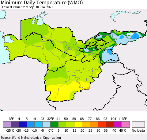 Central Asia Minimum Daily Temperature (WMO) Thematic Map For 9/18/2023 - 9/24/2023