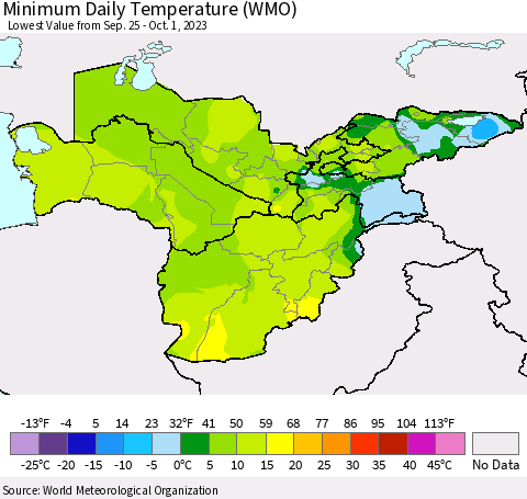 Central Asia Minimum Daily Temperature (WMO) Thematic Map For 9/25/2023 - 10/1/2023