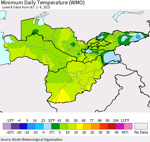 Central Asia Minimum Daily Temperature (WMO) Thematic Map For 10/2/2023 - 10/8/2023