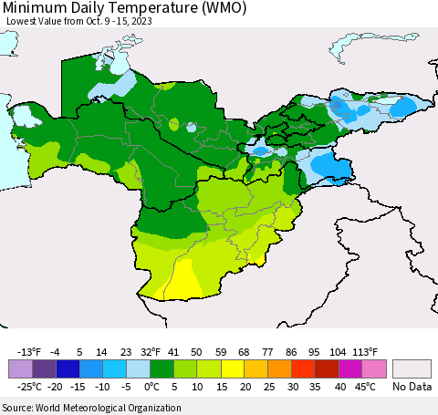 Central Asia Minimum Daily Temperature (WMO) Thematic Map For 10/9/2023 - 10/15/2023