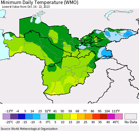 Central Asia Minimum Daily Temperature (WMO) Thematic Map For 10/16/2023 - 10/22/2023