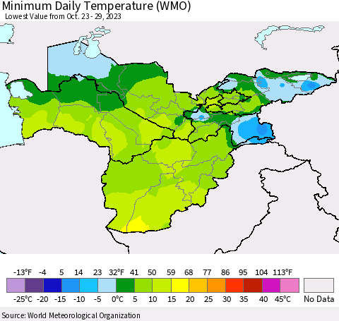 Central Asia Minimum Daily Temperature (WMO) Thematic Map For 10/23/2023 - 10/29/2023