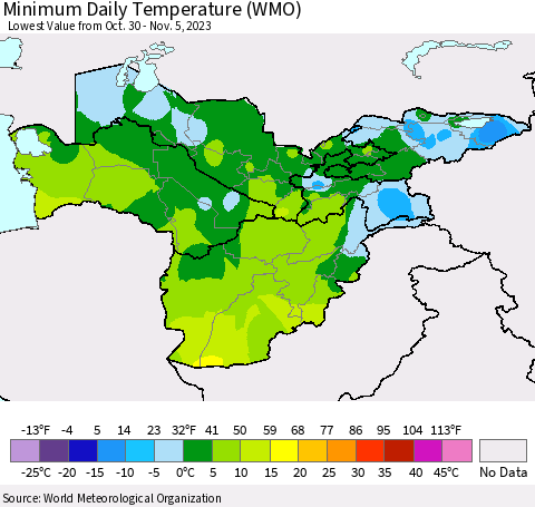 Central Asia Minimum Daily Temperature (WMO) Thematic Map For 10/30/2023 - 11/5/2023