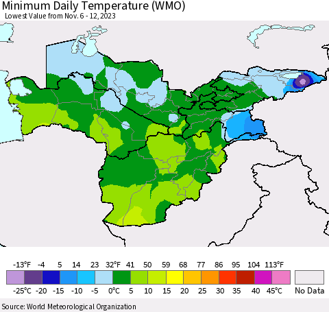 Central Asia Minimum Daily Temperature (WMO) Thematic Map For 11/6/2023 - 11/12/2023