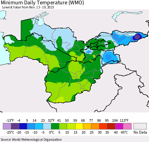 Central Asia Minimum Daily Temperature (WMO) Thematic Map For 11/13/2023 - 11/19/2023